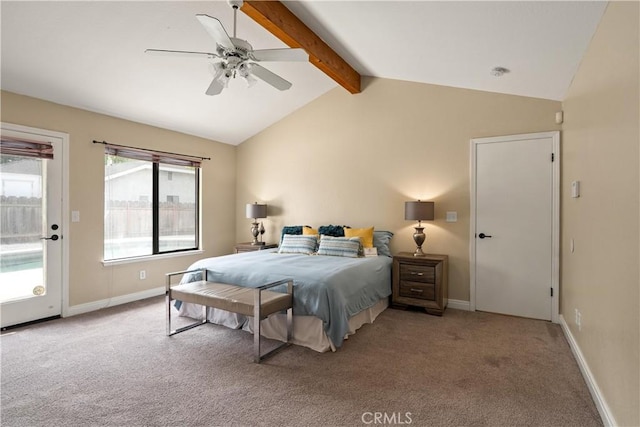 carpeted bedroom featuring access to outside, baseboards, a ceiling fan, and vaulted ceiling with beams