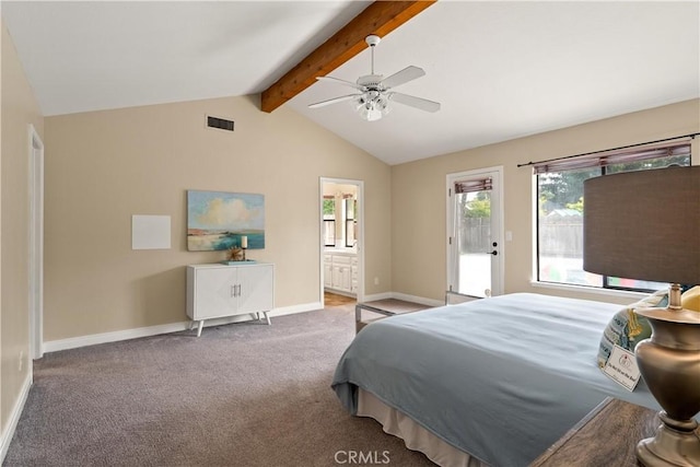 carpeted bedroom with access to exterior, baseboards, ceiling fan, connected bathroom, and lofted ceiling with beams