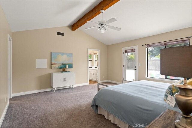 1635 Almendia Dr, Chico, CA 95926 - carpeted bedroom with access to outside, baseboards, connected bathroom, and ceiling fan