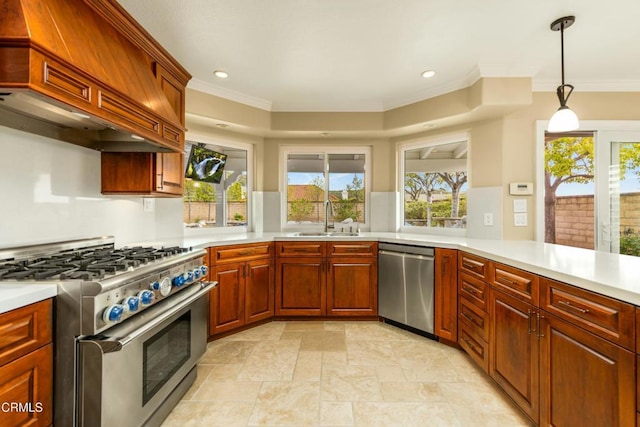 5580 Bromely Dr, Oak Park, CA 91377 - kitchen featuring a sink, stainless steel appliances, crown molding, light countertops, and custom exhaust hood