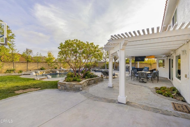 5580 Bromely Dr, Oak Park, CA 91377 - view of patio with a pergola, outdoor dining space, a fenced in pool, and a fenced backyard