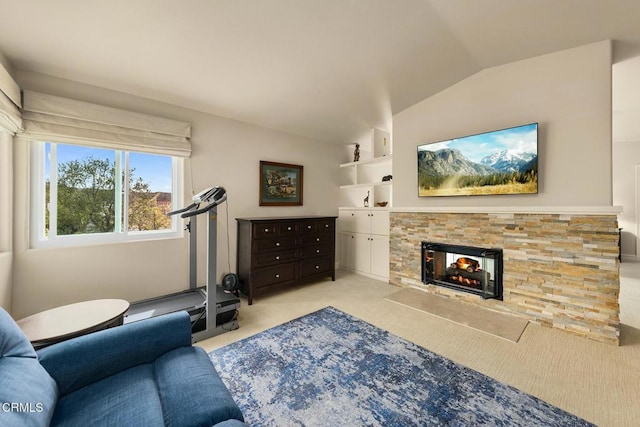 5580 Bromely Dr, Oak Park, CA 91377 - carpeted living area featuring vaulted ceiling and a fireplace