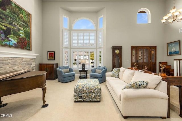 5580 Bromely Dr, Oak Park, CA 91377 - living area with carpet floors, an inviting chandelier, a towering ceiling, and a wealth of natural light