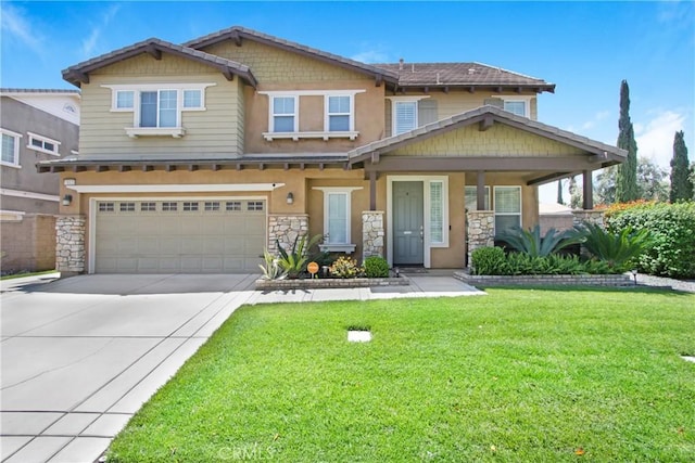 craftsman-style house with an attached garage, stone siding, a front yard, and concrete driveway