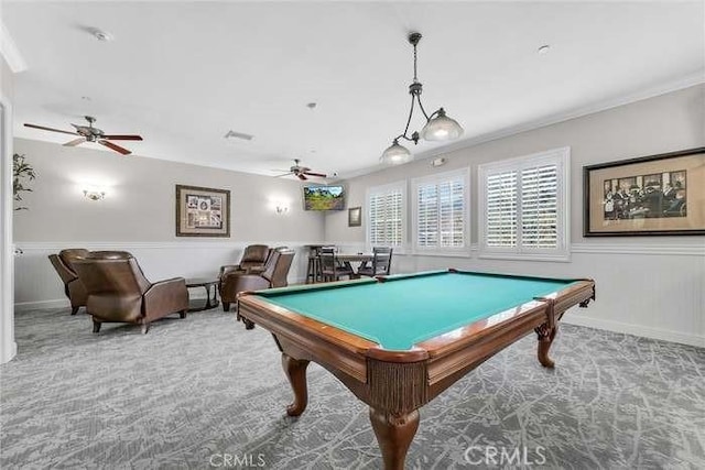game room featuring baseboards, carpet, ceiling fan, and pool table