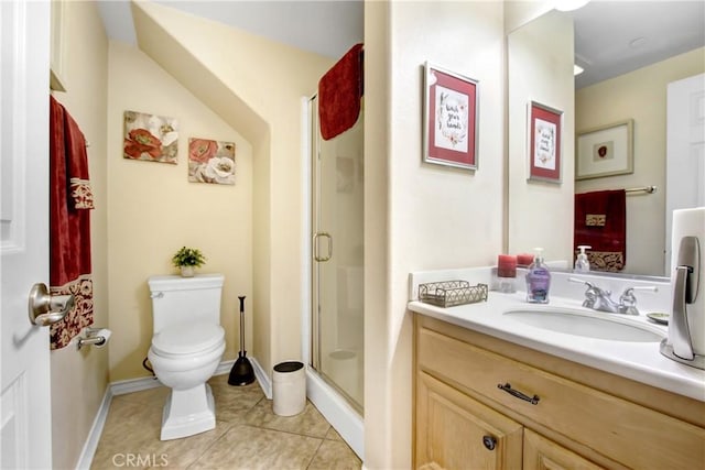 full bath with vanity, tile patterned floors, a stall shower, and toilet