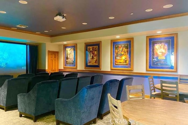 cinema featuring recessed lighting and ornamental molding
