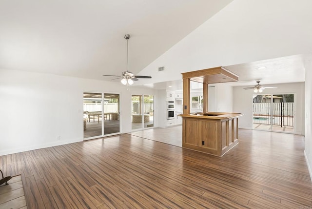 15408 Glentree Rd, Valley Center, CA 92082 - unfurnished living room with a ceiling fan, wood finished floors, and high vaulted ceiling