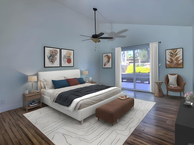 15408 Glentree Rd, Valley Center, CA 92082 - bedroom featuring access to exterior, wood finished floors, high vaulted ceiling, and a ceiling fan