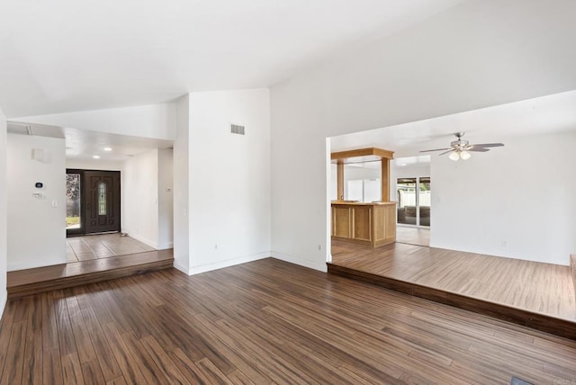 15408 Glentree Rd, Valley Center, CA 92082 - unfurnished living room with wood finished floors, high vaulted ceiling, and ceiling fan