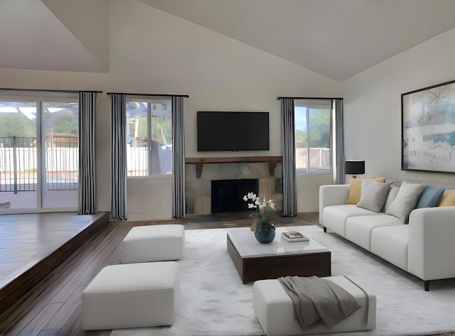 15408 Glentree Rd, Valley Center, CA 92082 - living room with high vaulted ceiling, a premium fireplace, and wood finished floors