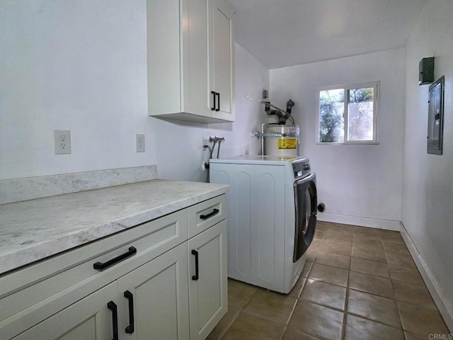 15408 Glentree Rd, Valley Center, CA 92082 - laundry room with cabinet space, water heater, electric panel, tile patterned flooring, and washing machine and dryer