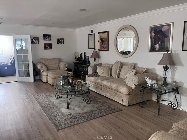 19522 Caney Ave, Carson, CA 90746 - living area with french doors, ornamental molding, and wood finished floors