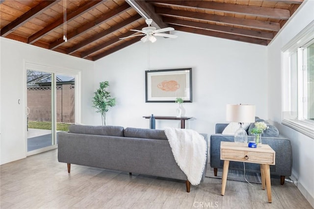 living area with ceiling fan, lofted ceiling with beams, light wood-style floors, baseboards, and wooden ceiling