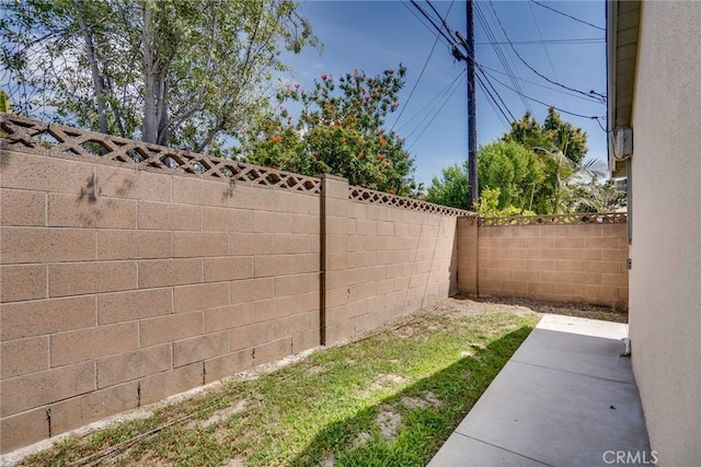 view of yard with a fenced backyard and a patio area