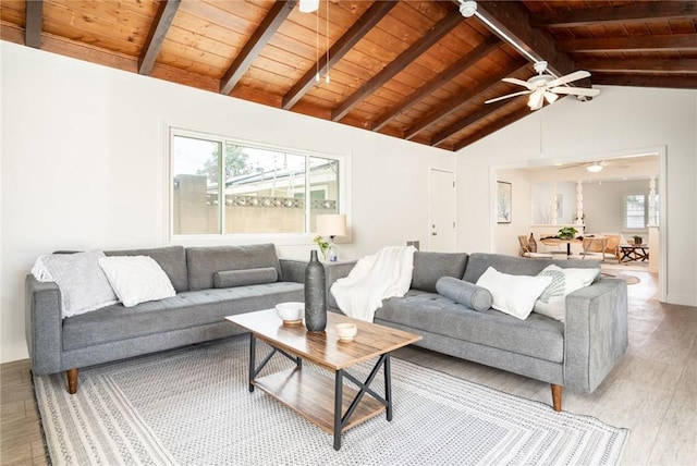 living area with ceiling fan, wood ceiling, vaulted ceiling with beams, and wood finished floors