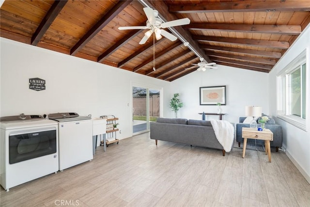 laundry area featuring laundry area, washer and dryer, baseboards, ceiling fan, and wood ceiling