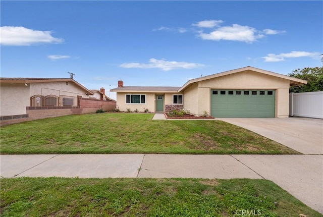 ranch-style home featuring fence, a front lawn, a garage, stucco siding, and driveway