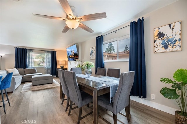 dining area featuring baseboards, ceiling fan, a healthy amount of sunlight, and wood finished floors