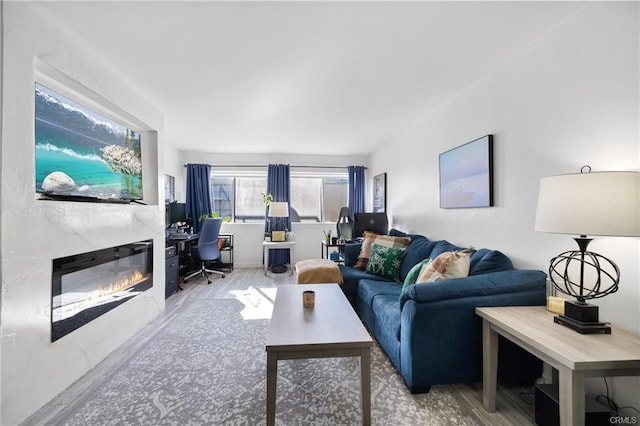 living room featuring a glass covered fireplace and wood finished floors