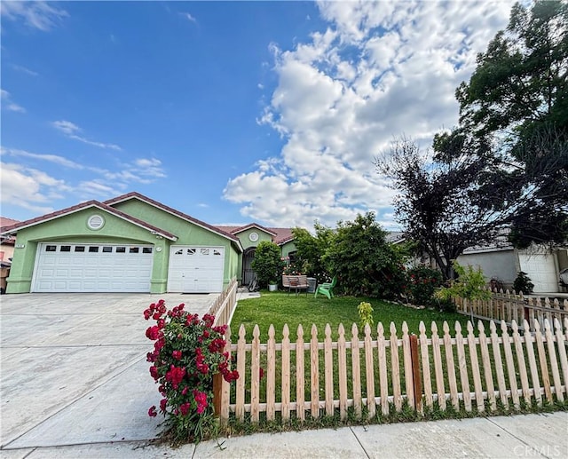 2901 Flint Hills Dr, Bakersfield, CA 93313 - ranch-style house featuring driveway, fence private yard, a garage, a front lawn, and stucco siding