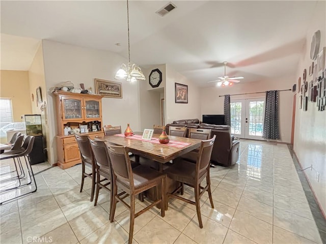 2901 Flint Hills Dr, Bakersfield, CA 93313 - dining space with french doors, vaulted ceiling, ceiling fan with notable chandelier, and visible vents