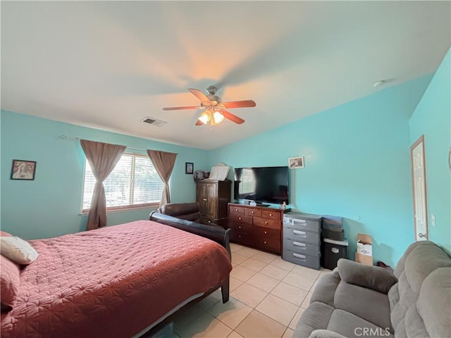 2901 Flint Hills Dr, Bakersfield, CA 93313 - bedroom with visible vents, ceiling fan, light tile patterned flooring, and vaulted ceiling