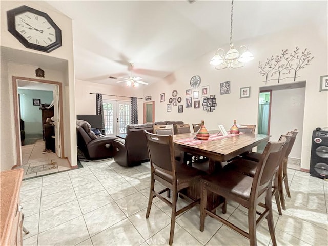 2901 Flint Hills Dr, Bakersfield, CA 93313 - dining room featuring ceiling fan with notable chandelier, light tile patterned floors, french doors, and lofted ceiling