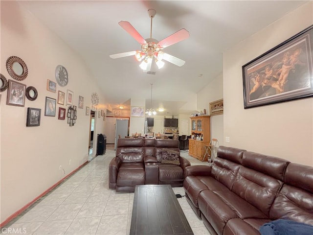 2901 Flint Hills Dr, Bakersfield, CA 93313 - living area with high vaulted ceiling, baseboards, a ceiling fan, and light tile patterned flooring