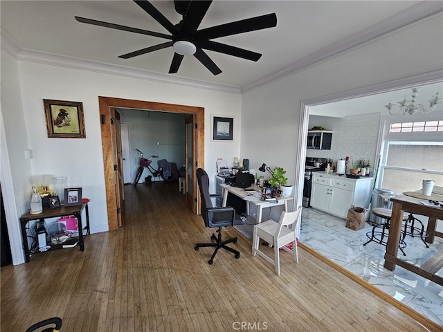 1030 E Ocean Blvd Unit 210, Long Beach, CA 90802 - home office featuring a ceiling fan, crown molding, and light wood-style floors