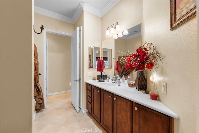 5551 Corte Fiesta, Hemet, CA 92545 - bathroom featuring vanity, crown molding, and tile patterned flooring