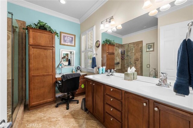5551 Corte Fiesta, Hemet, CA 92545 - full bath featuring a shower stall, double vanity, crown molding, and tile patterned floors