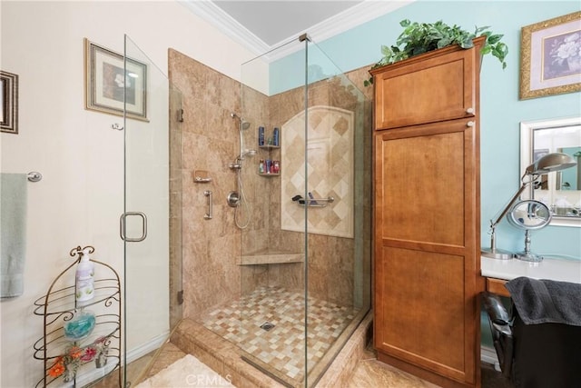 5551 Corte Fiesta, Hemet, CA 92545 - bathroom featuring ornamental molding and a stall shower