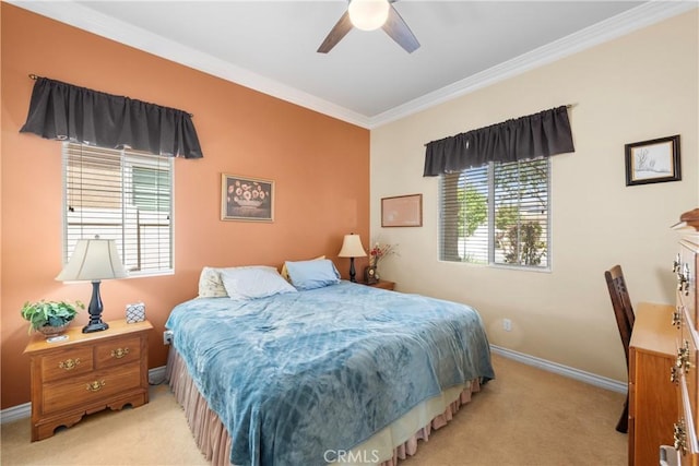 5551 Corte Fiesta, Hemet, CA 92545 - bedroom featuring light colored carpet, ornamental molding, multiple windows, and a ceiling fan
