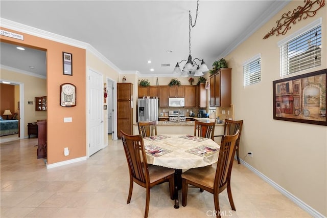 5551 Corte Fiesta, Hemet, CA 92545 - dining space with recessed lighting, crown molding, a chandelier, and light tile patterned floors