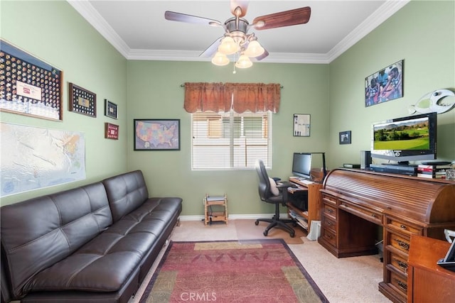5551 Corte Fiesta, Hemet, CA 92545 - office space featuring a ceiling fan, light carpet, and crown molding