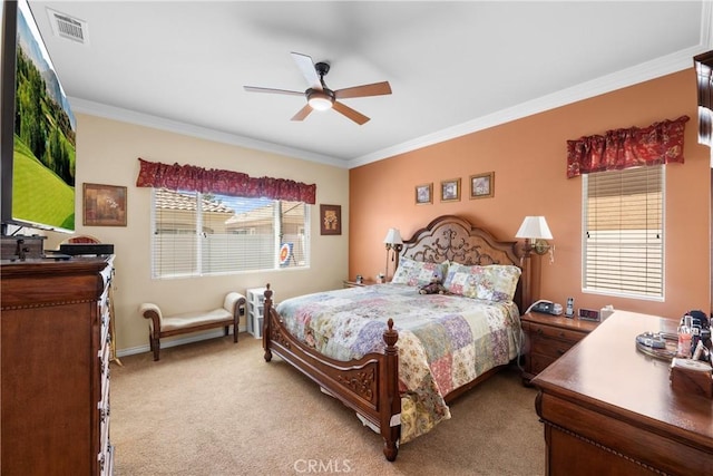 5551 Corte Fiesta, Hemet, CA 92545 - bedroom featuring light colored carpet, ornamental molding, and ceiling fan
