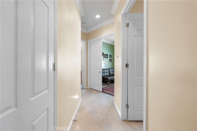 5551 Corte Fiesta, Hemet, CA 92545 - hall with crown molding, light tile patterned flooring, and recessed lighting