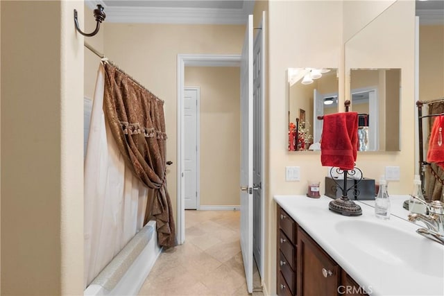 5551 Corte Fiesta, Hemet, CA 92545 - full bath featuring ornamental molding, vanity, and shower / bathtub combination with curtain