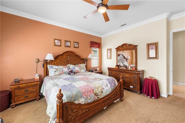 5551 Corte Fiesta, Hemet, CA 92545 - bedroom with carpet, crown molding, and a ceiling fan