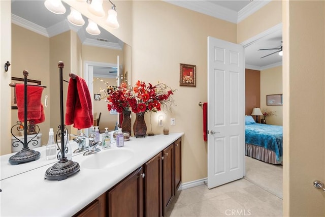 5551 Corte Fiesta, Hemet, CA 92545 - ensuite bathroom with vanity, crown molding, a ceiling fan, and tile patterned flooring