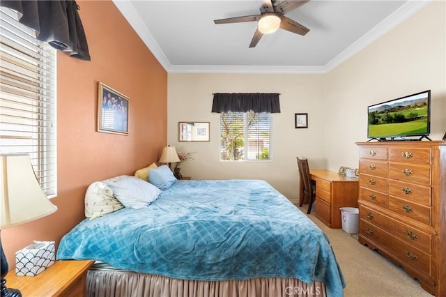5551 Corte Fiesta, Hemet, CA 92545 - bedroom with ornamental molding, light carpet, and ceiling fan