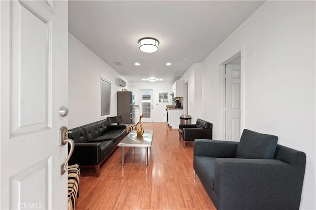 2989 W 12th St, Los Angeles, CA 90006 - living area with crown molding, light wood finished floors, and recessed lighting