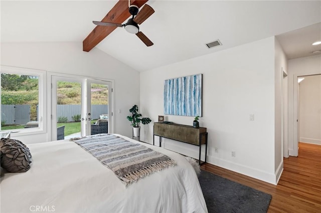 bedroom featuring access to exterior, wood finished floors, baseboards, french doors, and ceiling fan