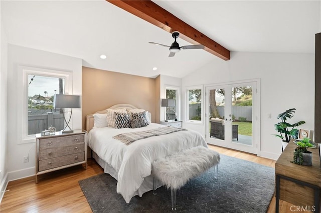 bedroom with access to exterior, light wood-style flooring, baseboards, french doors, and recessed lighting