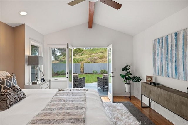bedroom with access to exterior, wood finished floors, recessed lighting, a ceiling fan, and baseboards