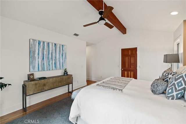 bedroom featuring wood finished floors, recessed lighting, a ceiling fan, and baseboards