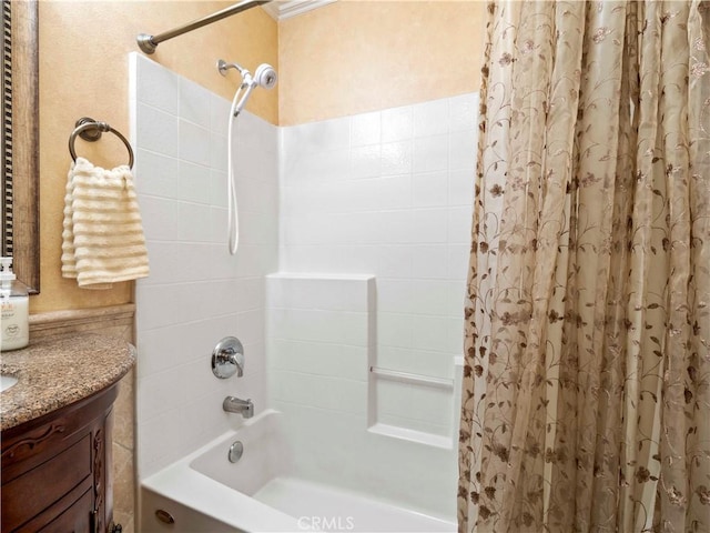 full bath with vanity, ornamental molding, and shower / bath combination with curtain