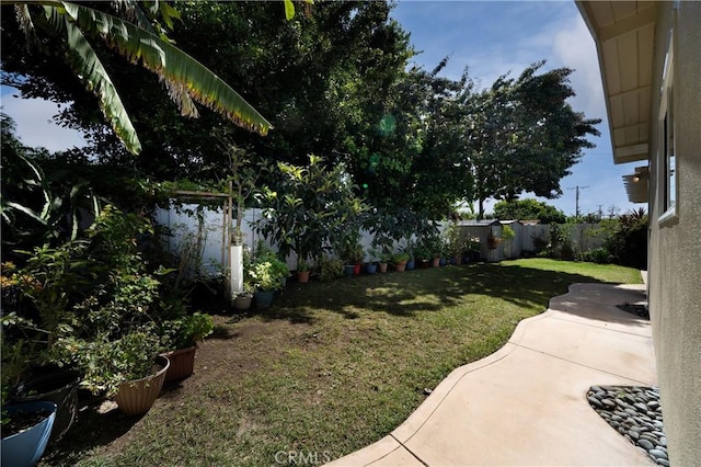 view of yard featuring a patio and a fenced backyard