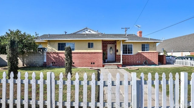 13241 Fairview St, Garden Grove, CA 92843 - bungalow-style house featuring brick siding, a fenced front yard, a front yard, and stucco siding